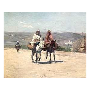 Frantz Charlet 'Desert landscape with donkey riders' orientalist painting, ca 1900