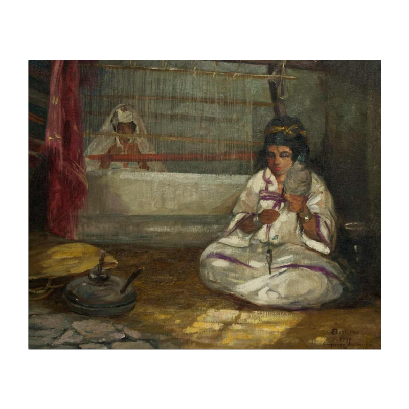 Emile Deckers 'La tisserande' Oriëntalistisch schilderij, schets, Bou Saäda 1930