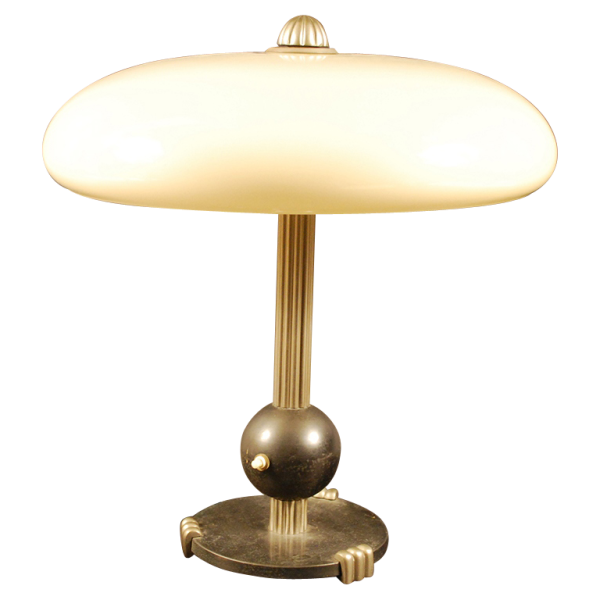 Lampe à poser Art Déco, pied boule, acier, métal nickelé et opaline, ca 1930