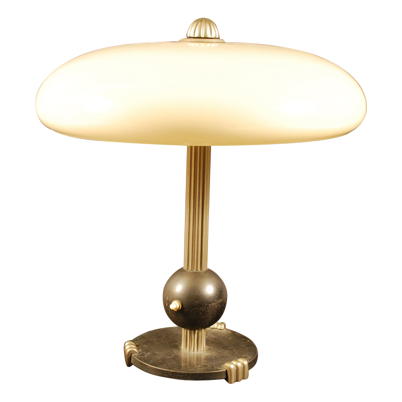 Lampe à poser Art Déco, pied boule, acier, métal nickelé et opaline, ca 1930