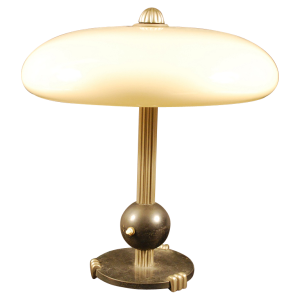 Art Deco tafellamp, bolvoet, staal, vernikkeld metaal en opaline, ca 1930