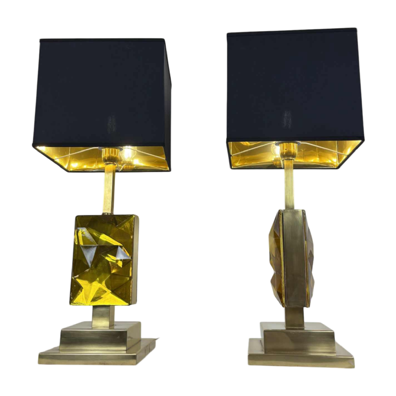 Paire de lampes à poser Hollywood Regency, verre de Murano, structure en laiton doré, 1980s