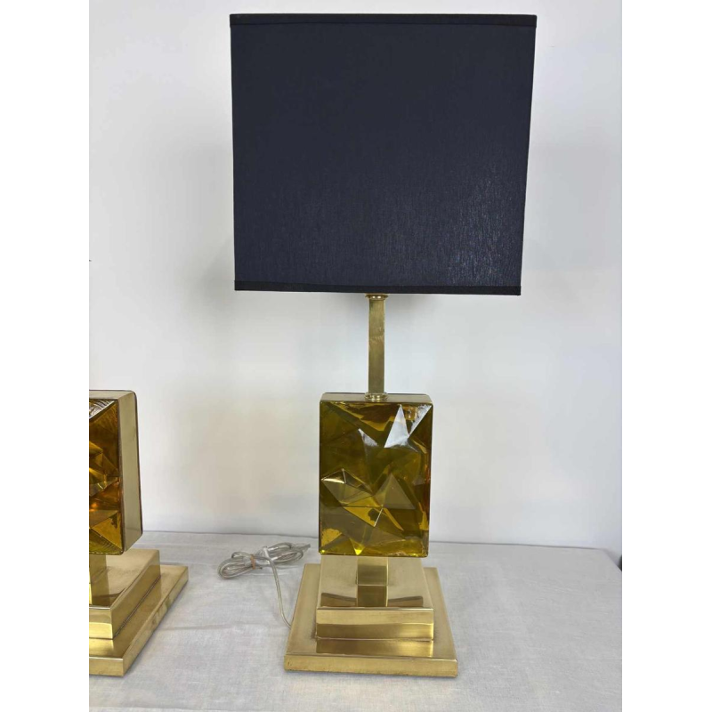 Paar Hollywood Regency tafellampen, Murano glas, verguld messing structuur, jaren 1980