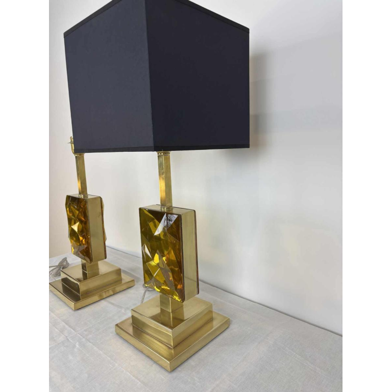 Paar Hollywood Regency tafellampen, Murano glas, verguld messing structuur, jaren 1980