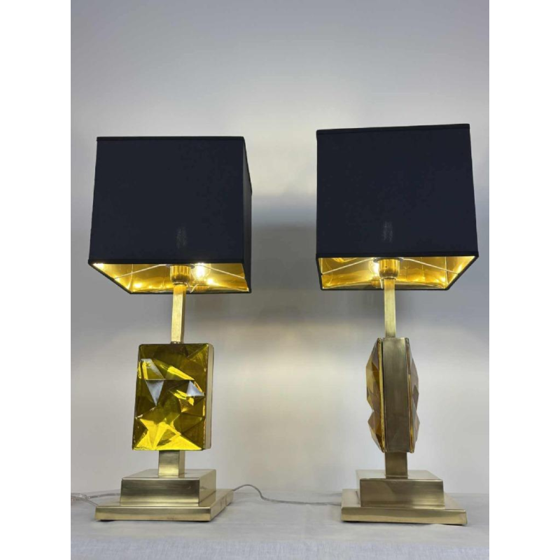 Paire de lampes à poser Hollywood Regency, verre de Murano, structure en laiton doré, 1980s