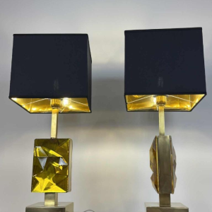 Paar Hollywood Regency tafellampen, Murano glas, verguld messing structuur, jaren 1980