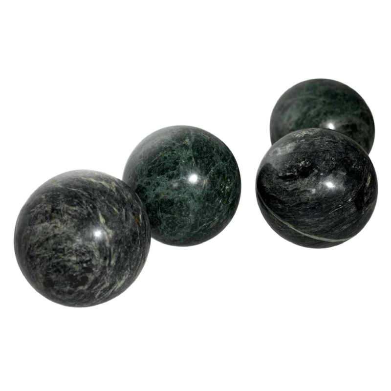 Set van 4 decoratieve bollen in groen marmer, 20e eeuw