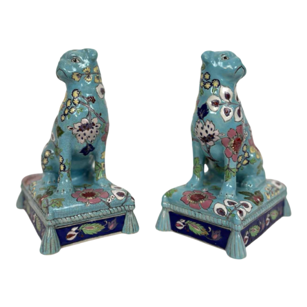 Longwy, pair of dogs in Longwy enamel, late 19th / early 20th century