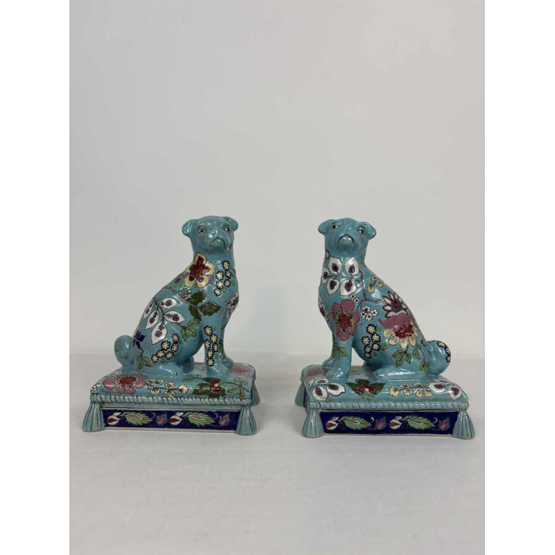 Longwy, pair of dogs in Longwy enamel, late 19th / early 20th century