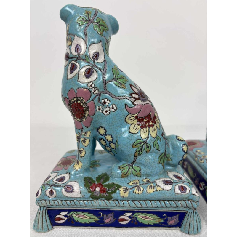 Longwy, pair of dogs in Longwy enamel, late 19th / early 20th century