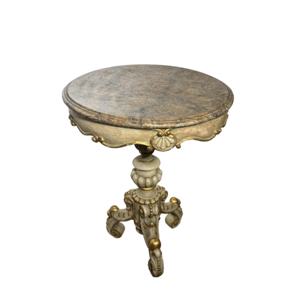 Ronde sokkeltafel van beschilderd hout met marmer-look beschilderd blad, eind 19e eeuw