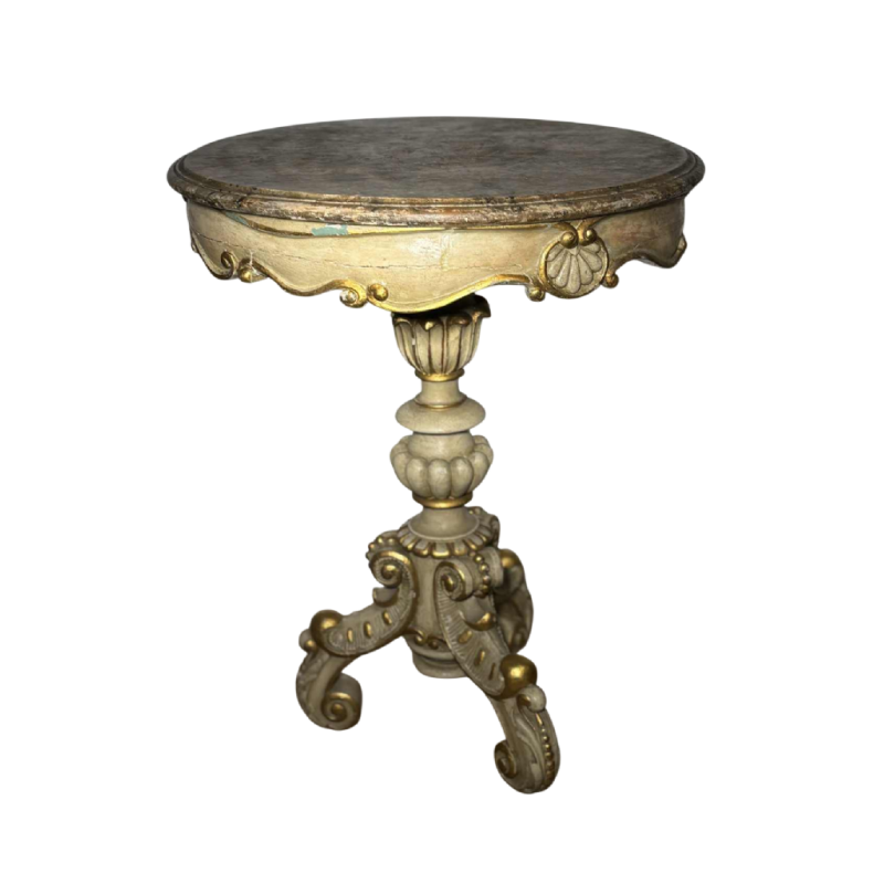 Ronde sokkeltafel van beschilderd hout met marmer-look beschilderd blad, eind 19e eeuw