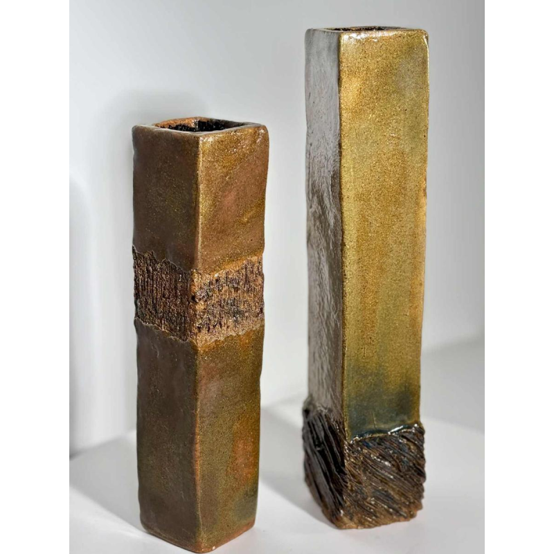 Set of two enamelled stoneware vases with incised decoration - 20th century