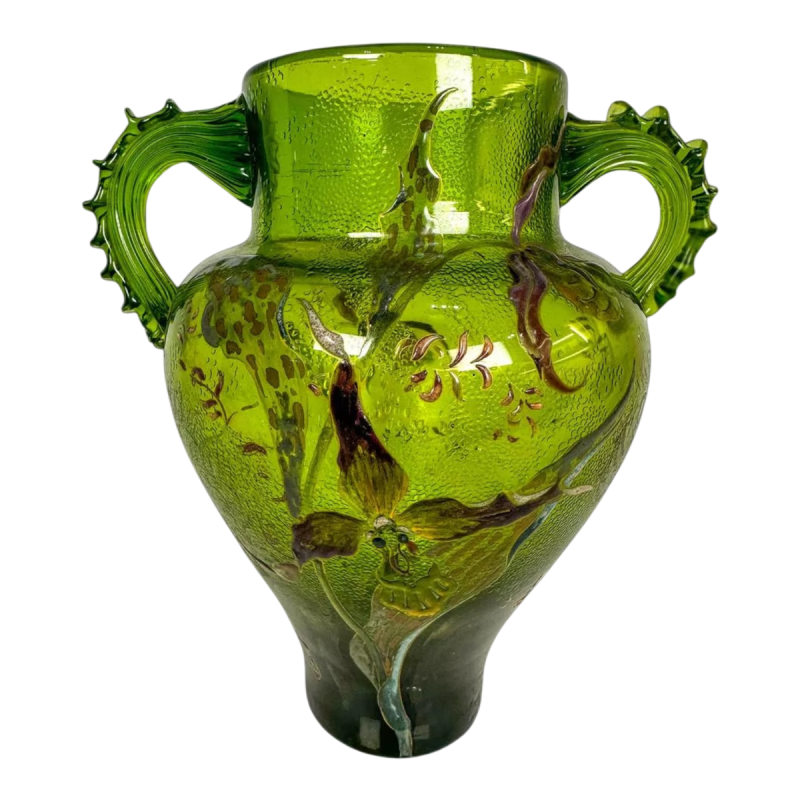 Emile Gallé "Série C" vase balustre vert herbe, décor d'orchidés, ca 1890