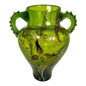 Balustervaas van Emile Gallé "Serie C", grasgroen, versierd met orchideeën, ca. 1890