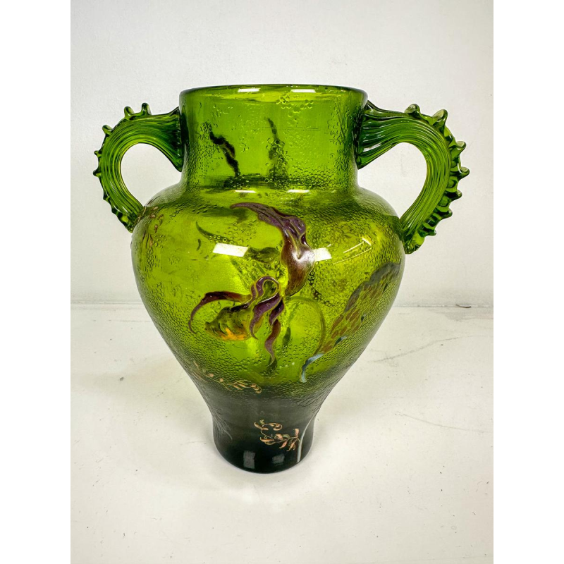 Emile Gallé "Série C" vase balustre vert herbe, décor d'orchidés, ca 1890