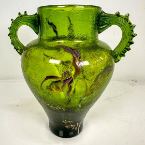 Emile Gallé "Series C" baluster vase, grass green, decorated with orchids, ca. 1890