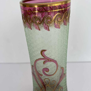 Léon Ledru for Val-Saint-Lambert, Wagons-lits vase, acid-etched pink lined urane glass, 1898