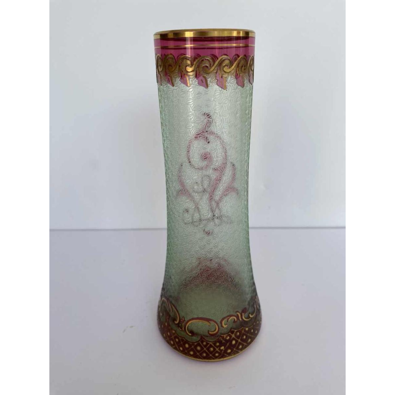 Léon Ledru for Val-Saint-Lambert, Wagons-lits vase, acid-etched pink lined urane glass, 1898