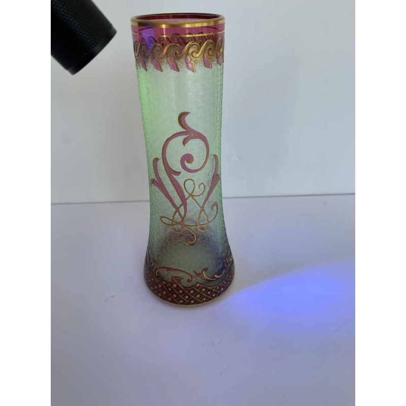 Léon Ledru for Val-Saint-Lambert, Wagons-lits vase, acid-etched pink lined urane glass, 1898