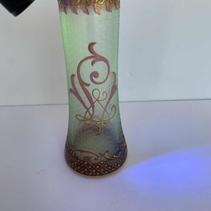 Léon Ledru for Val-Saint-Lambert, Wagons-lits vase, acid-etched pink lined urane glass, 1898