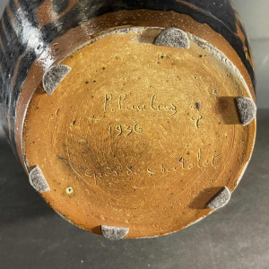 PIERRE PAULUS, bruine zwarte Art Deco Afrikaanse vaas, Bouffioulx steengoed 1936