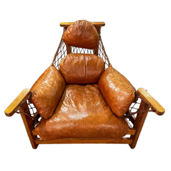 Jean Gillon 'Gran Captain' braided rope design armchair, brown leather & wood, 21th c