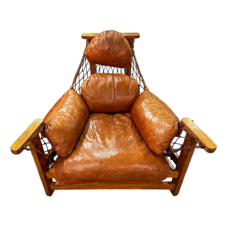 Jean Gillon 'Gran Captain' fauteuil design à cordage tressé, cuir brun & bois clair, XXIe s