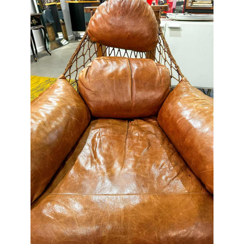 Jean Gillon 'Gran Captain' fauteuil design à cordage tressé, cuir brun & bois clair, XXIe s