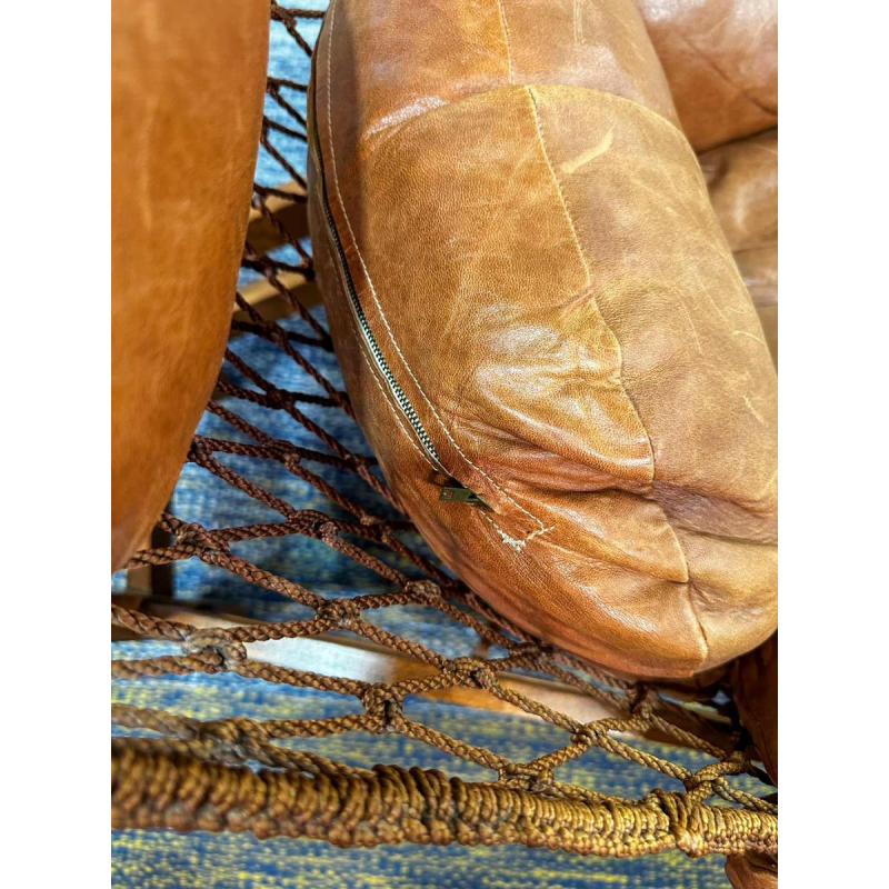 Jean Gillon 'Gran Captain' braided rope design armchair, brown leather & wood, 21th c