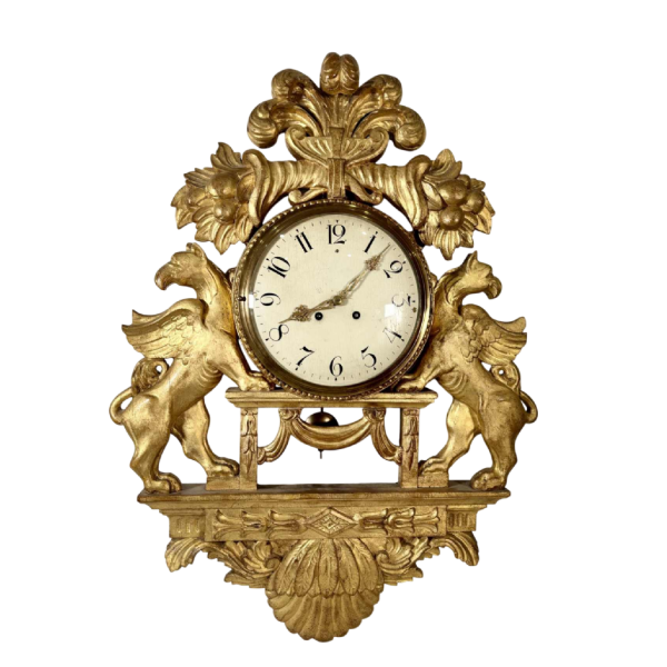 Large giltwood wall clock with winged griffins, Sweden, 19th century