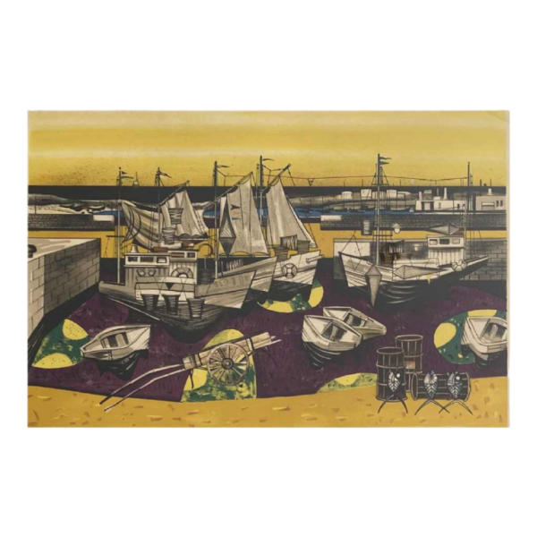 Gustave Camus 'Harbour view, fishing boats' colour lithograph numbered 9/125