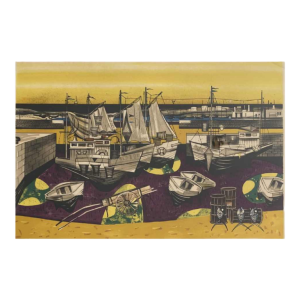 Gustave Camus 'Harbour view, fishing boats' colour lithograph numbered 9/125