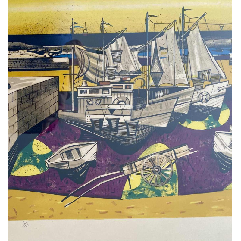 Gustave Camus 'Vue de port, bateaux de pêche' lithogravure couleur numérotée 9/125