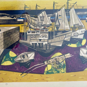 Gustave Camus 'Havengezicht, vissersboten' kleurenlitho genummerd 9/125