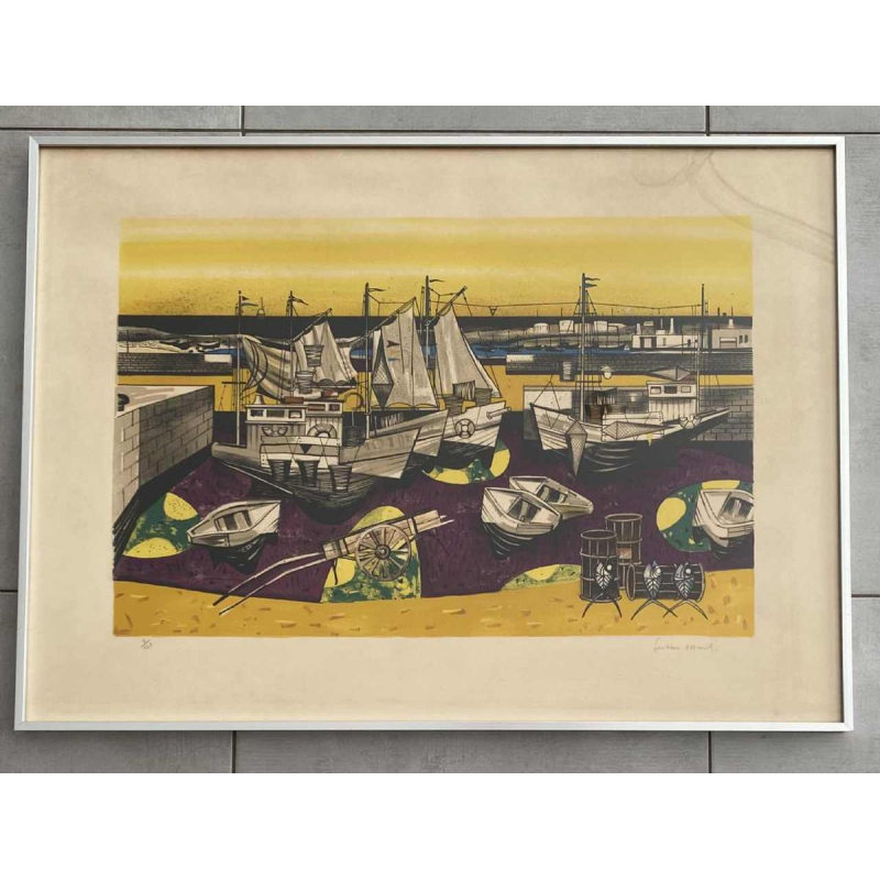 Gustave Camus 'Havengezicht, vissersboten' kleurenlitho genummerd 9/125