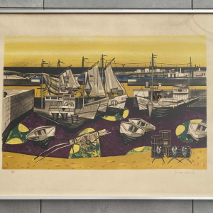 Gustave Camus 'Harbour view, fishing boats' colour lithograph numbered 9/125