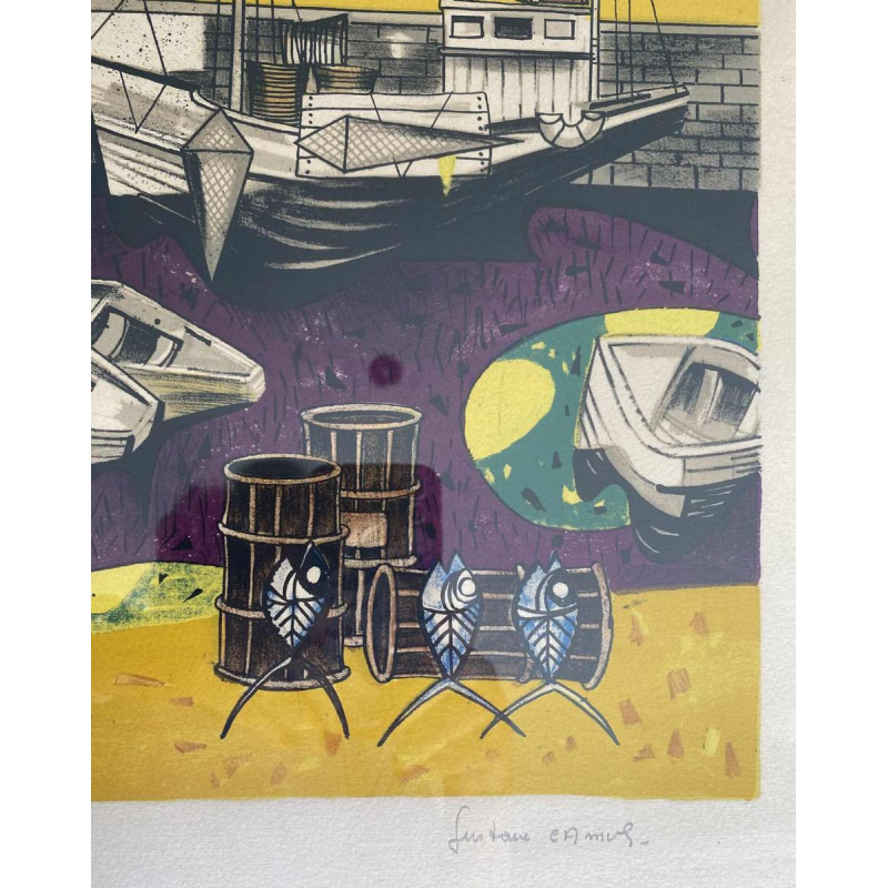 Gustave Camus 'Havengezicht, vissersboten' kleurenlitho genummerd 9/125