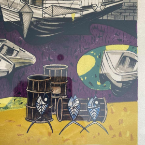 Gustave Camus 'Harbour view, fishing boats' colour lithograph numbered 9/125