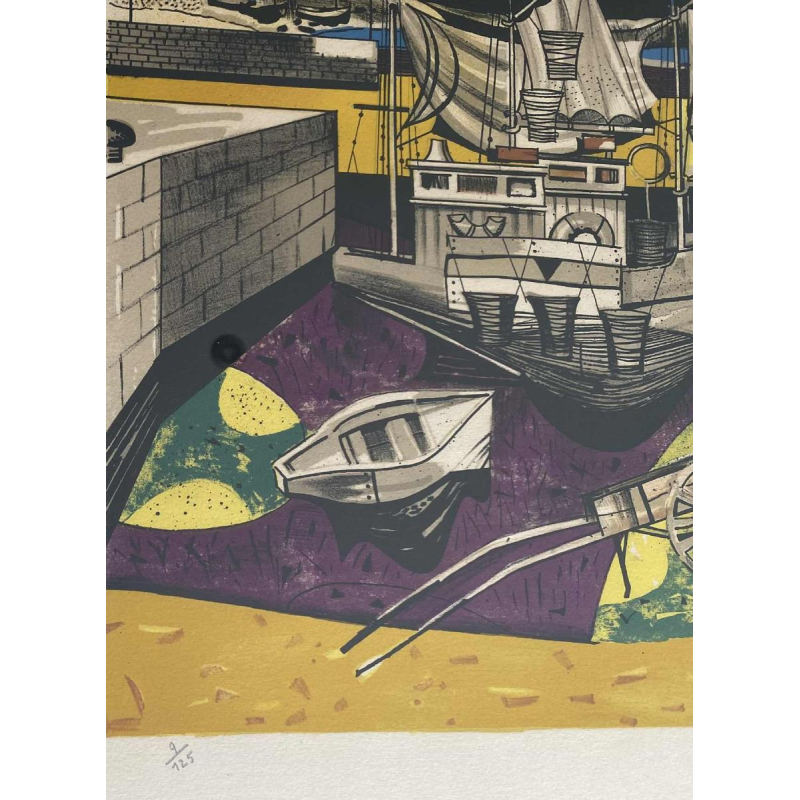 Gustave Camus 'Havengezicht, vissersboten' kleurenlitho genummerd 9/125