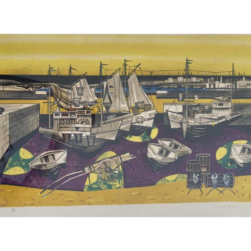 Gustave Camus 'Vue de port, bateaux de pêche' lithogravure couleur numérotée 9/125