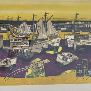 Gustave Camus 'Vue de port, bateaux de pêche' lithogravure couleur numérotée 9/125