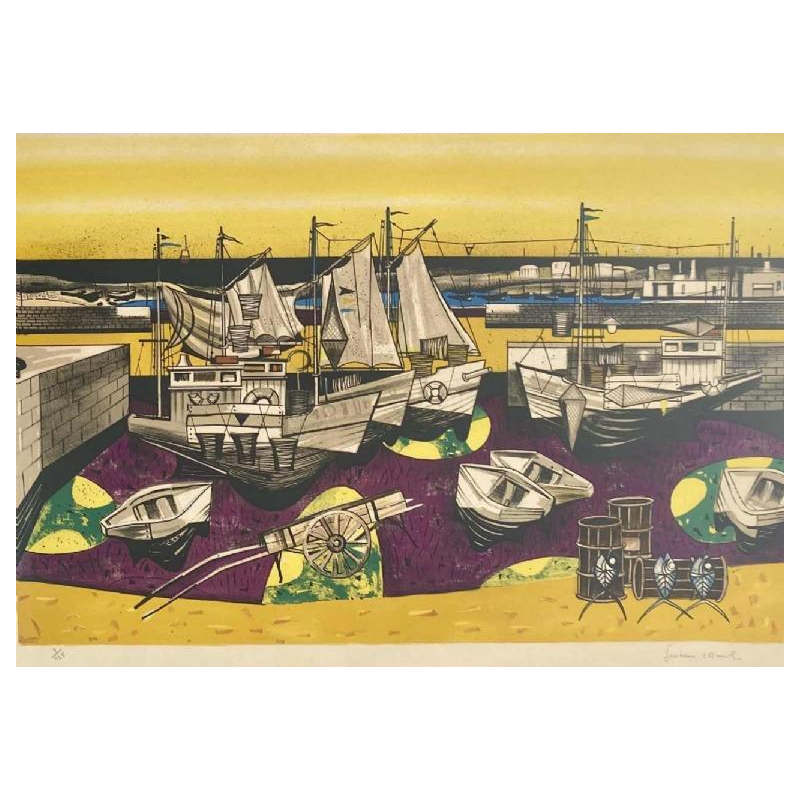 Gustave Camus 'Havengezicht, vissersboten' kleurenlitho genummerd 9/125