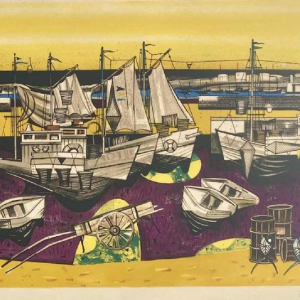 Gustave Camus 'Vue de port, bateaux de pêche' lithogravure couleur numérotée 9/125