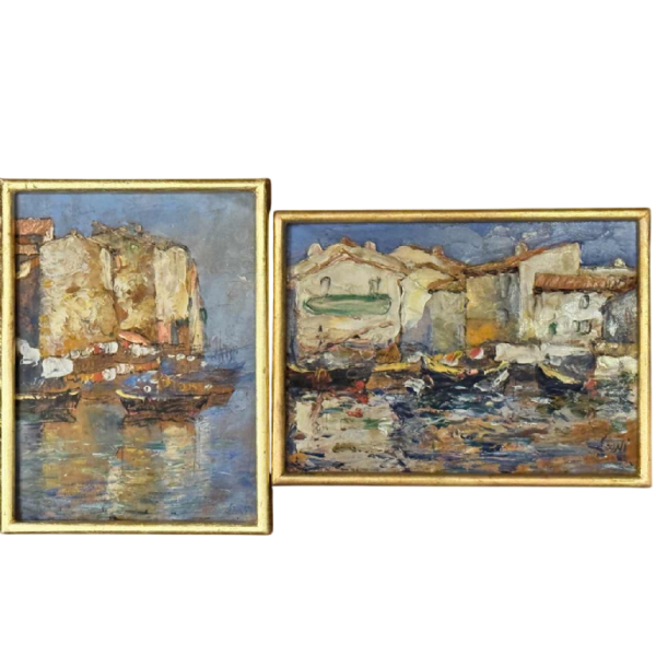 " Martigues La Venise Provençale ", paire d'huiles Leoni à Marseille vers 1920