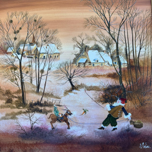 Danielle MOLINA 'Le père Noël et son âne' peinture art naïf, huile sur panneau