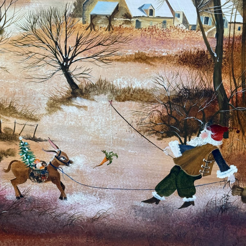 Danielle MOLINA 'Santa Claus and his donkey' naive art painting, oil on panel