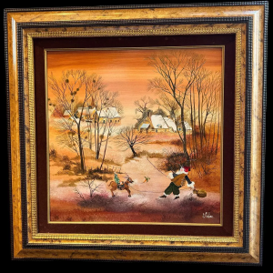 Danielle MOLINA 'Le père Noël et son âne' peinture art naïf, huile sur panneau