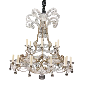 Elegante kroonluchter met kralenkristallen guirlandes, vertind messing structuur, ca 1900-1920