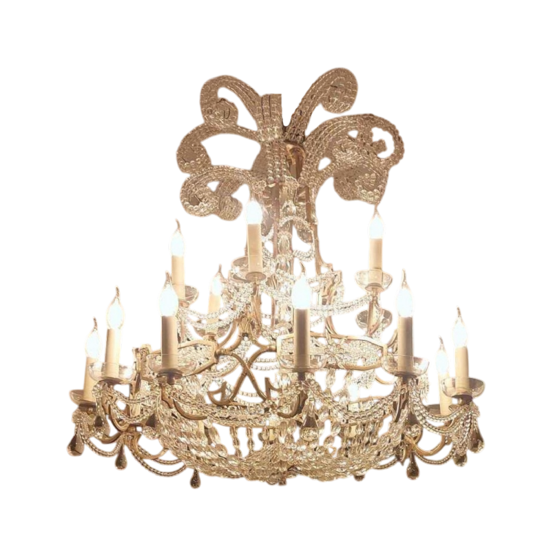 Elégant lustre à guirlandes perlées en cristal, structure en laiton étamé, ca 1900-1920